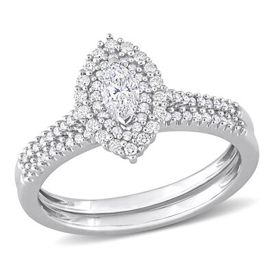 Marquise-Cut 1/2ctw. Diamond Double Halo Cluster Bridal Set in 14k White Gold