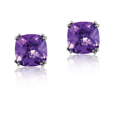Amethyst Cushion-Cut Stud Earrings in Sterling Silver