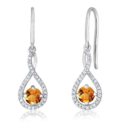 Citrine Twist Dangle Infinity Diamond Earrings in Sterling Silver