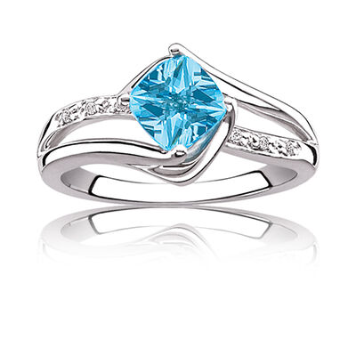 Blue Topaz & Diamond Birthstone Ring Sterling Silver