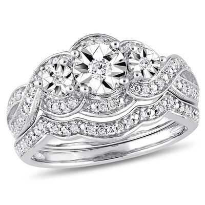 Three Stone 1/4ctw Bridal Set in Sterling Silver 