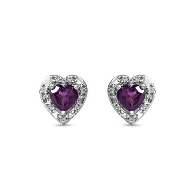 Amethyst & Created White Sapphire Halo Heart Stud Earrings in Sterling Silver