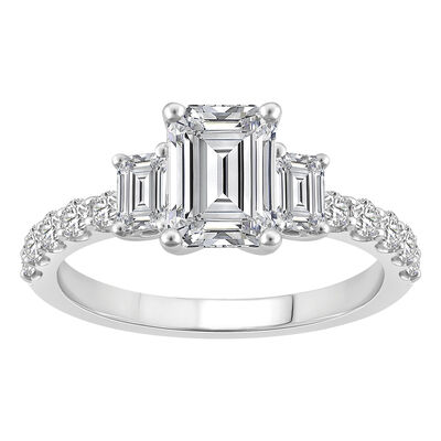 Emerald-Cut Lab Grown 3ctw. Diamond Three Stone Plus Engagement Ring in 14k White Gold
