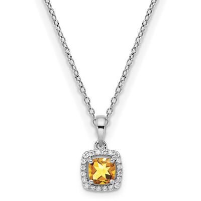 Cushion-Cut Citrine & Diamond Halo Pendant in Sterling Silver