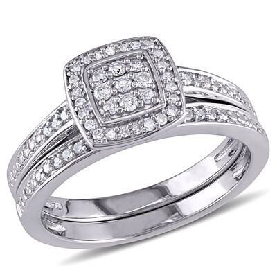 Brilliant-Cut 1/4ctw. Diamond Layered Square Halo Cluster Bridal Set in Sterling Silver