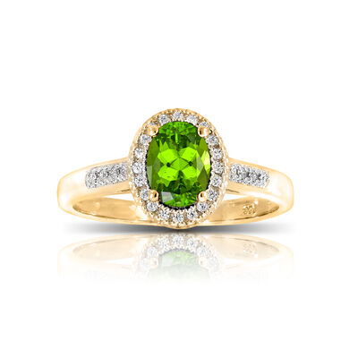 Peridot & Diamond Oval Ring in 10k Yellow Gold