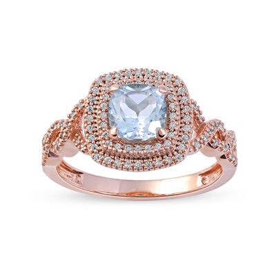 Aquamarine & Diamond Double Halo Ring in 10k Rose Gold