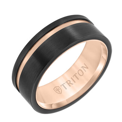 Triton Men's 8mm Tungsten Black & Rose Asymmetrical Stripe Comfort Fit Wedding Band