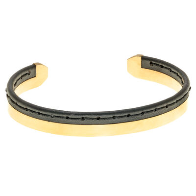 Men's Stitched Black Leather Cuff Bracelet in Stainless Steel