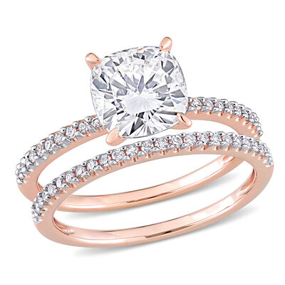 Cushion-Cut 2ctw. Created Moissanite and 1/4ctw. Diamond Bridal Ring Set in 14k Rose Gold