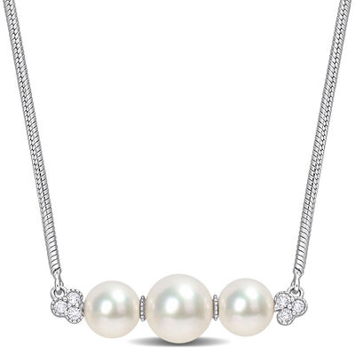 Freshwater Pearl & White Topaz Bar Pendant in Sterling Silver