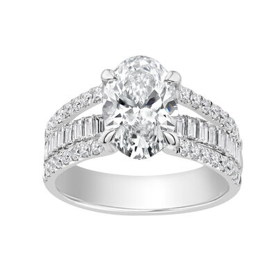 Oval-Cut Lab Grown 3 1/5ctw. Diamond Baguette & Brilliant-Cut Three-Row Engagement Ring in 14k White Gold