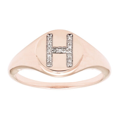 Diamond Initial H Signet Ring in 14k Rose Gold
