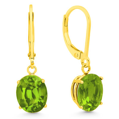 Peridot Oval Dangle Leverback Earrings in 14k Yellow Gold