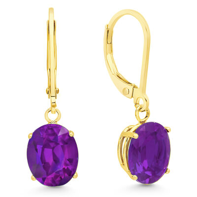 Amethyst Oval Dangle Leverback Earrings in 14k Yellow Gold