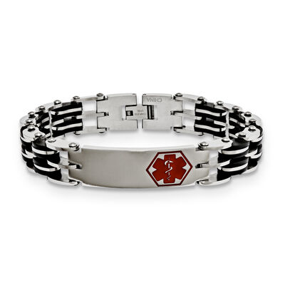 Medical Alert ID Black Rubber Bracelet in Stainless Steel 