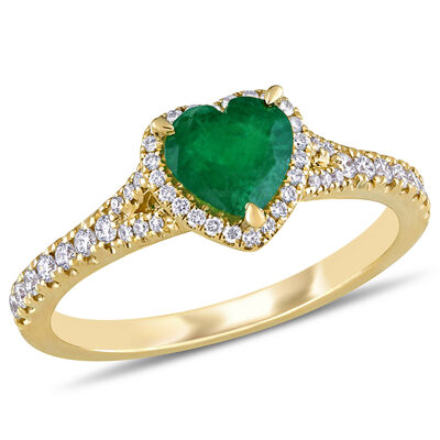 Emerald & Diamond Heart Ring in 14k Yellow Gold