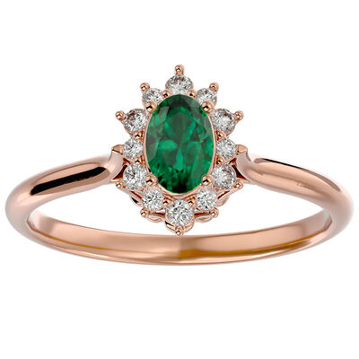 Oval-Cut Emerald & Diamond Halo Ring in 14k Rose Gold
