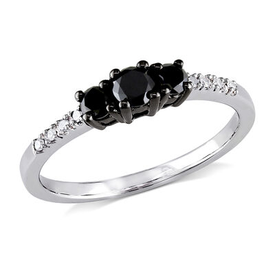 Brilliant-Cut 1/2ctw Black & White Diamond 3-Stone Ring in 10k White Gold