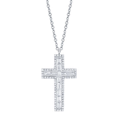 Shy Creation 0.31 ctw Diamond Baguette Cross Necklace in 14k White Gold SC55007317