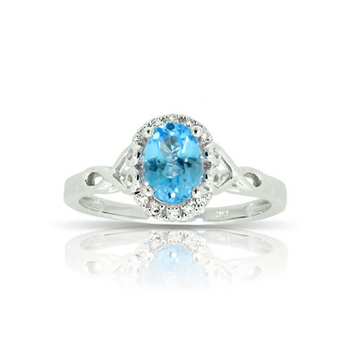 Blue Topaz & Diamond Oval Ring in 10k White Gold