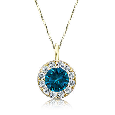 Blue & White Diamond Halo 2ct. Pendant in 14k Yellow Gold