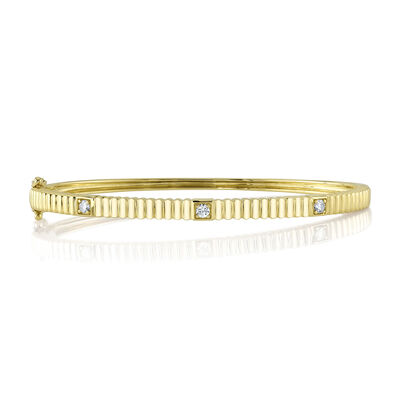 Shy Creation Brilliant-Cut .16ctw. Diamond Bezel Set Textured Fashion Bangle 6.5" in 14k Yellow Gold