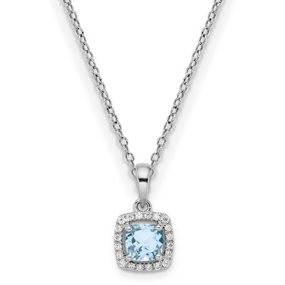 Cushion-Cut Aquamarine & Diamond Halo Pendant in Sterling Silver
