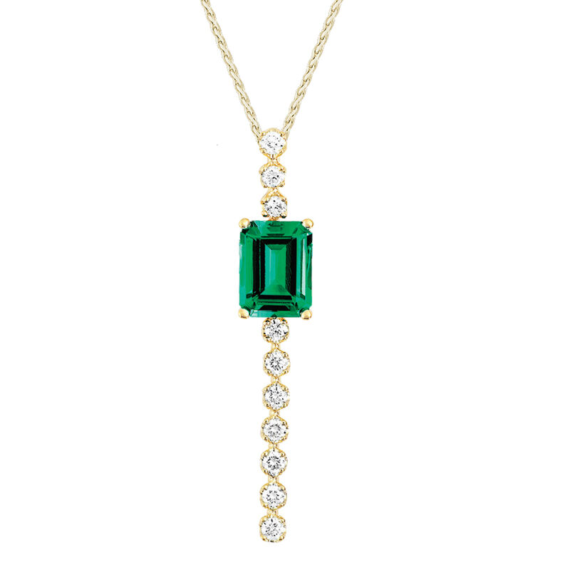 Chatham Emerald-Cut Created Emerald & Lab Grown Diamond Stick Pendant in 14k Yellow Gold image number null