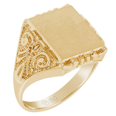 Satin Top and polished Sides Signet Ring 14x12mm in 10k Yellow Gold