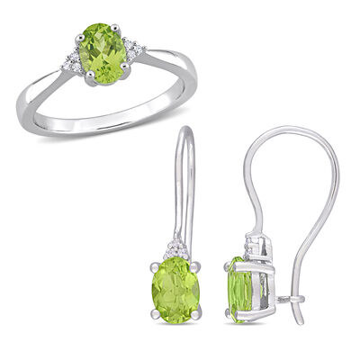 Oval-Cut Peridot and Diamond Fashion Ring & Euroback Earrings in Sterling Silver