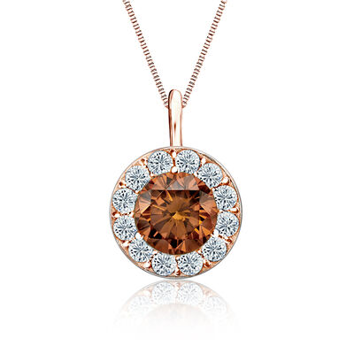 Champagne & White 2ct. Diamond Halo Pendant in 14k Rose Gold
