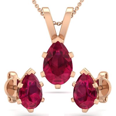 Pear Ruby Necklace & Earring Jewelry Set in 14k Rose Gold Plated Sterling Silver