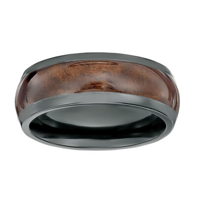 Men's Dark Wood Pattern Inlay Black Zirconium Ring