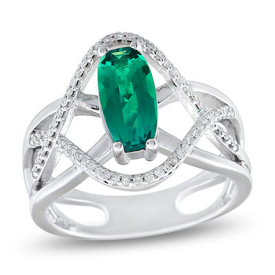 Elongated Oval Created Emerald & Diamond Ring in Sterling Silver