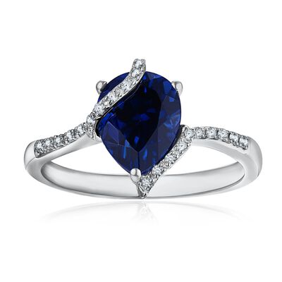 Pear Shaped Diamond Sapphire Swirl Ring in 10k White Gold