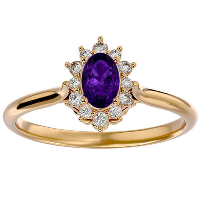 Oval-Cut Amethyst & Diamond Halo Ring in 14k Yellow Gold
