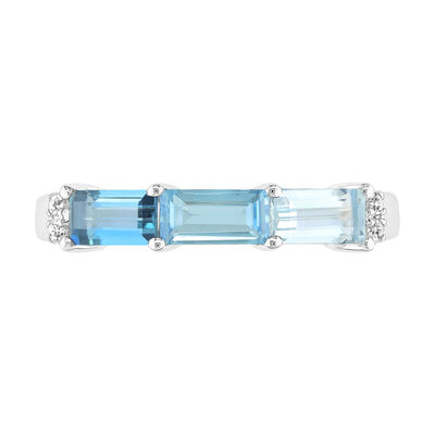 Blue Topaz & Diamond 3 Stone Baguette Ring in 10k White Gold