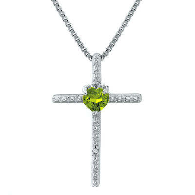 Peridot Heart Cross Pendant in Sterling Silver