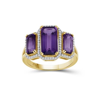 Emerald-Cut Amethyst Diamond 3-Stone Band in 10k Yellow Gold