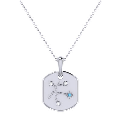Diamond and Blue Topaz Sagittarius Constellation Zodiac Tag Necklace in Sterling Silver