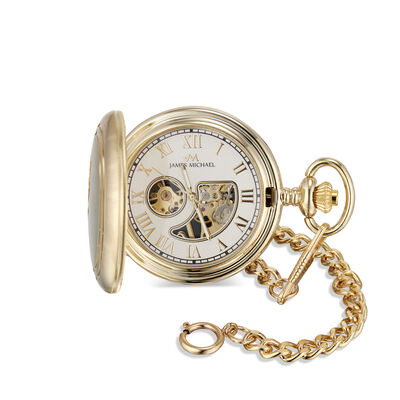 Brushed Goldtone Skeleton Dial Pocketwatch in Stainless Steel