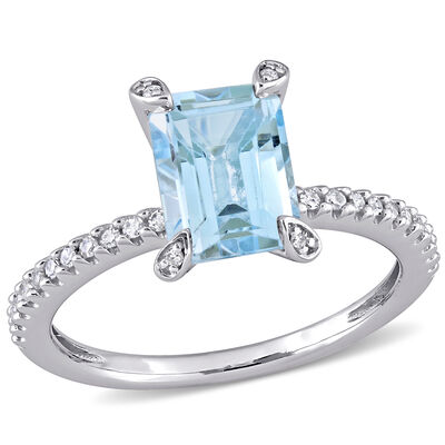 Emerald-Cut Blue Topaz and Diamond Ring in 10k White Gold
