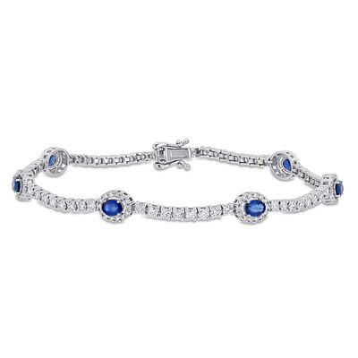 Oval Sapphire & Diamond Halo Station Bracelet in 14k White Gold