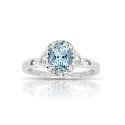 Aquamarine & Diamond Halo Oval Ring in 10k White Gold