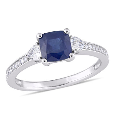 Cushion-Cut Blue Sapphire & Heart-Shaped White Sapphire Diamond 3-Stone Engagement Ring in 14k White Gold