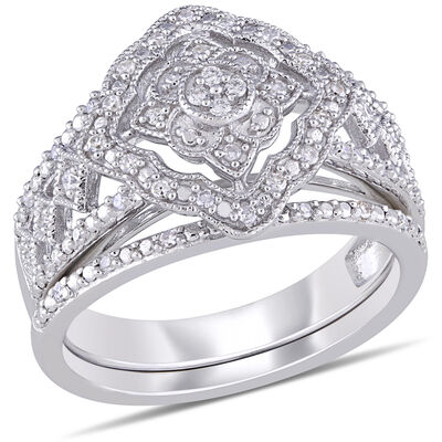 Vintage Flower Halo 1/4ctw Bridal Set in Sterling Silver 