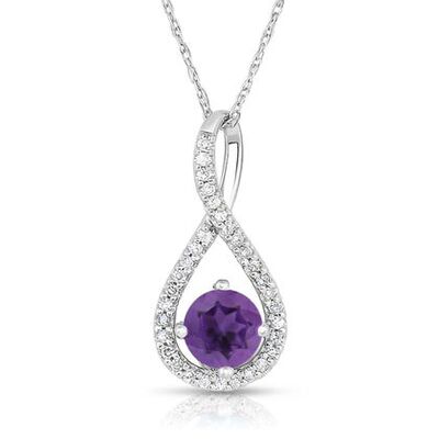 Amethyst & Diamond Infinity Drop Pendant in 10k White Gold