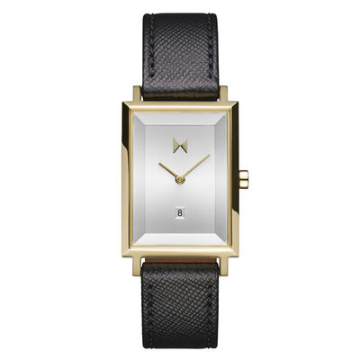 MVMT Ladies' Signature Square Gold Tone Silver Dial Black Leather Strap 24mm Watch 28000469-D