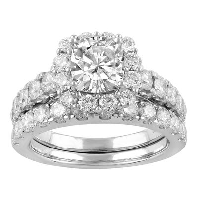 Leighton. Lab Grown Cushion-Cut 3ctw. Halo Bridal Set in 14k White Gold
